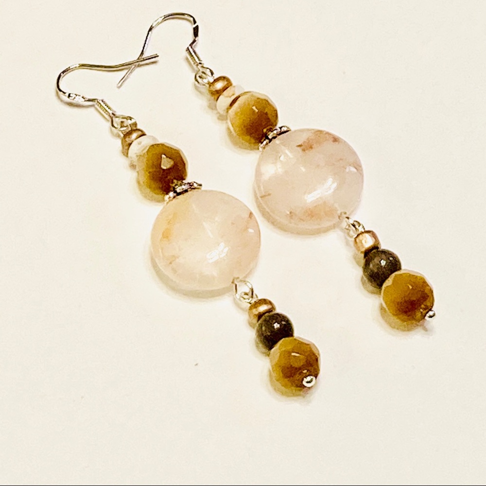 Caramel Cat’s Eye, Tiger Eye & Clear Quartz Stone w/ Inclusions Earrings